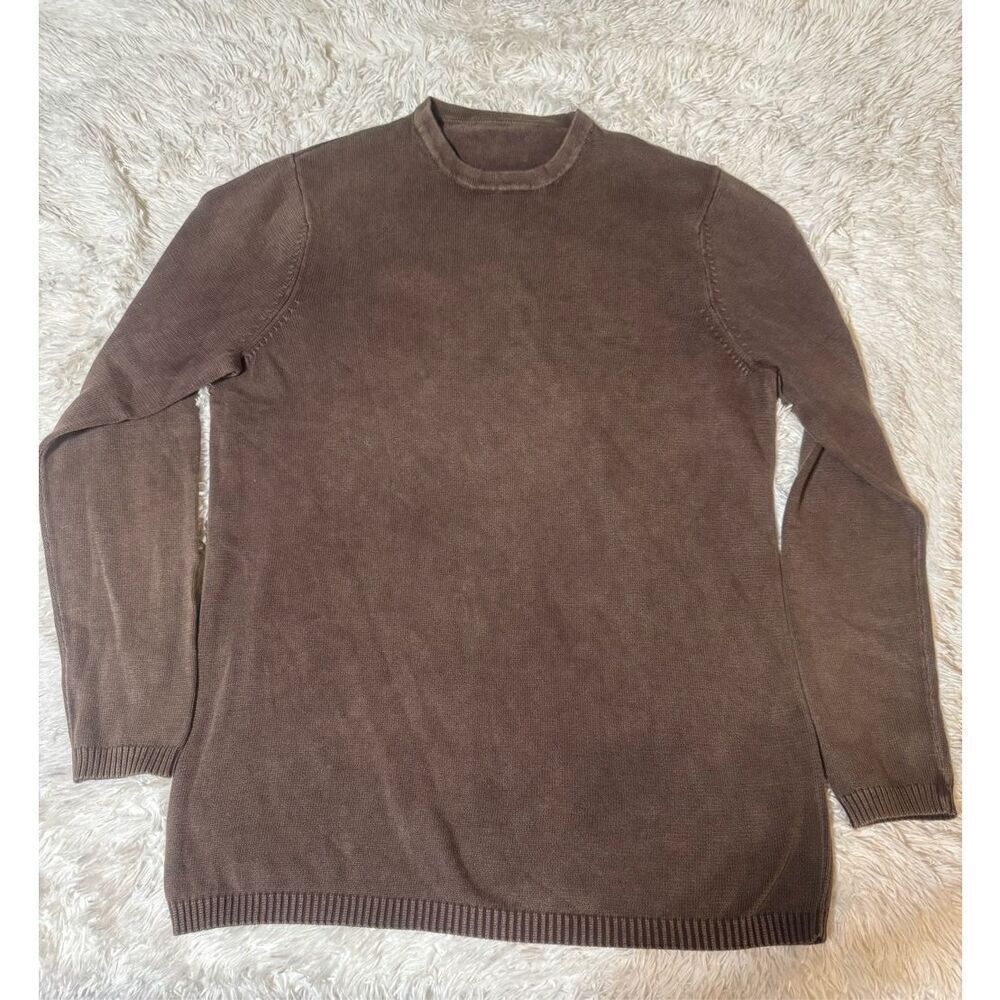 Men crew neck ribbed long sleeve brown pullover sweatshirt L